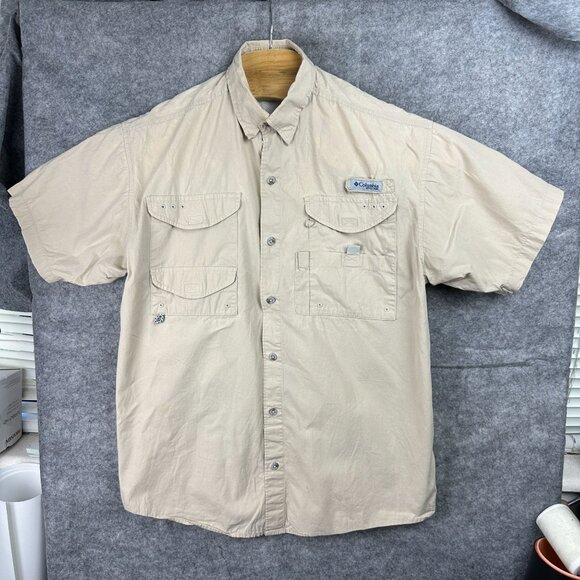 Columbia PFG Performance Fishing Gear Shirt Men's M/M Beige Vented Short Sleeve - Picture 6 of 15